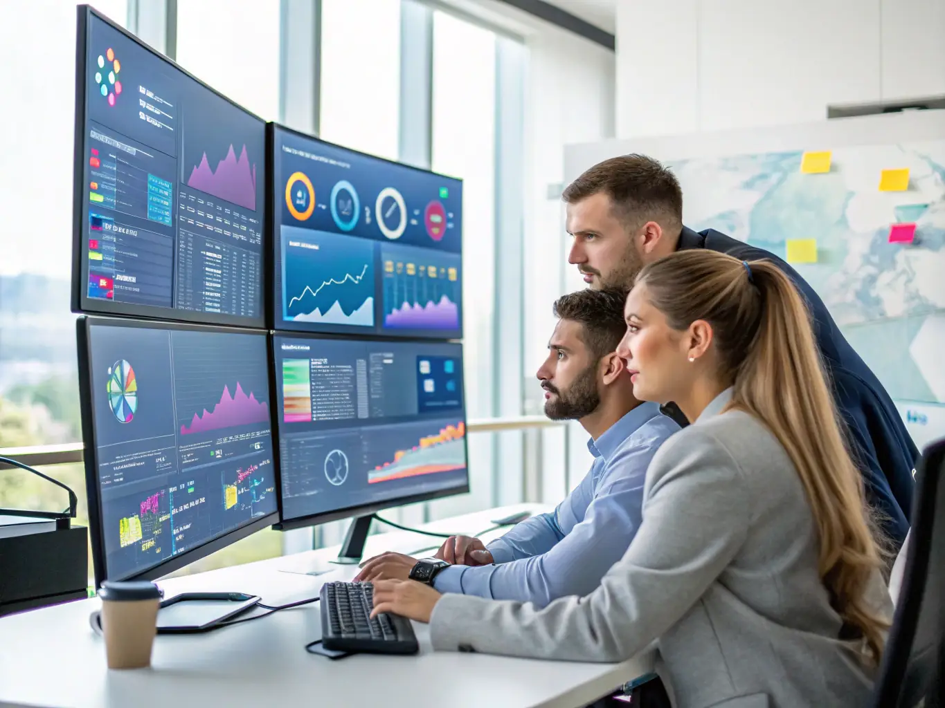 An image showing a team managing multiple social media dashboards on screens, with engaging posts and analytics charts.