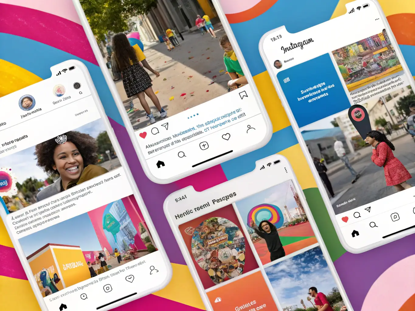 A vibrant collage of social media content including photos, short videos, reels, and carousel posts.