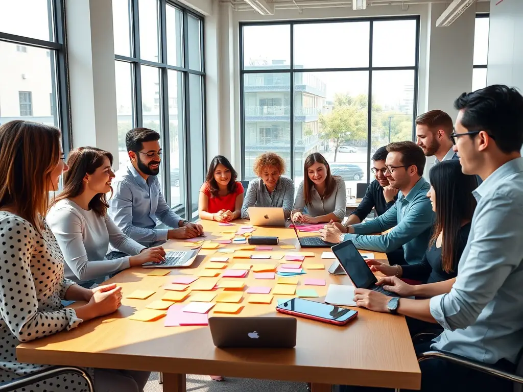 A visually appealing image showcasing a team brainstorming social media strategies in a modern office setting, emphasizing collaboration and innovation.