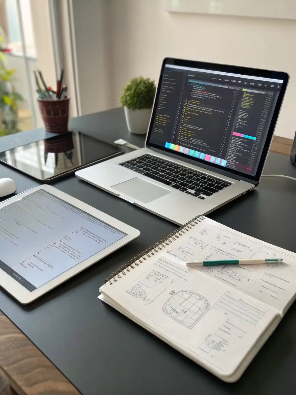 A professionally shot image of a flat lay featuring social media content creation tools like a camera, smartphone, editing software interface on a laptop, and various props, set against a clean, modern background, representing Flycage's content creation process.