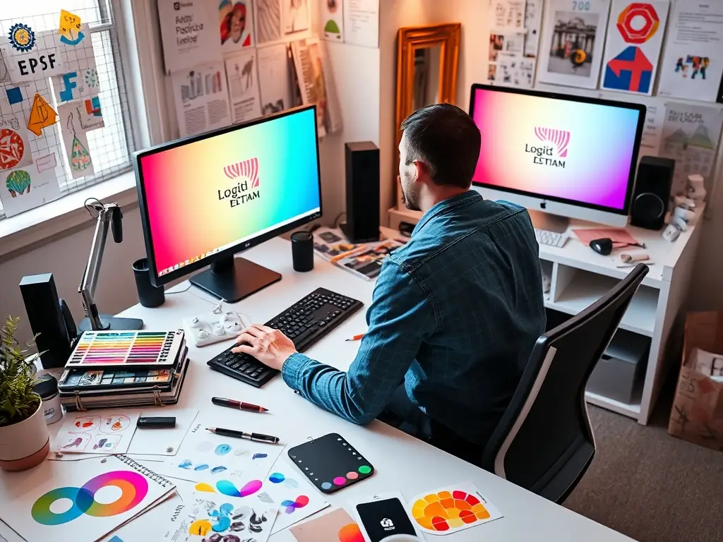 A graphic design workspace featuring a designer working on a brand logo, surrounded by style guides and color palettes, symbolizing the branding process.