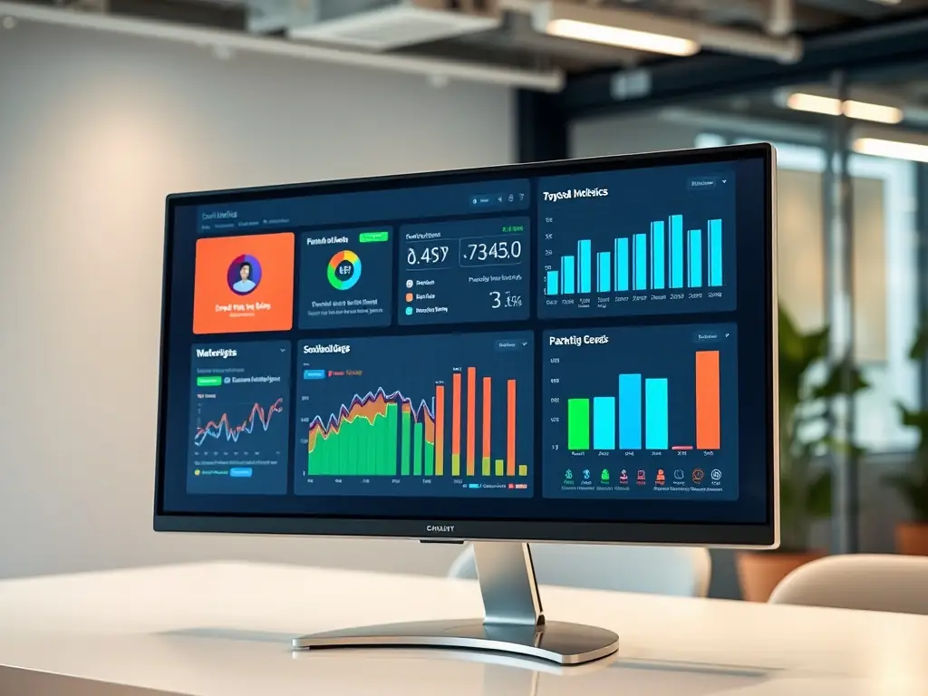 A digital marketing specialist analyzing ad campaign performance metrics on a dashboard, showcasing various charts and graphs representing reach, engagement, and conversion rates across different social media platforms.