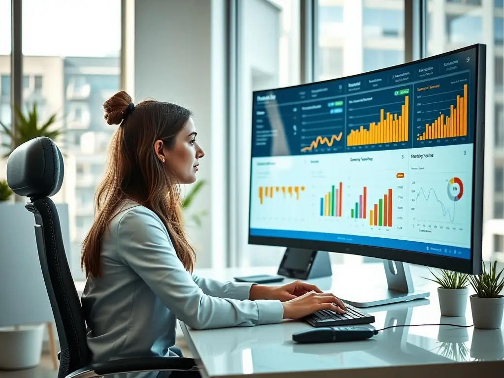 A digital marketing analyst reviewing a dashboard displaying social media analytics, including engagement rates, reach, and conversions, in a modern office setting.